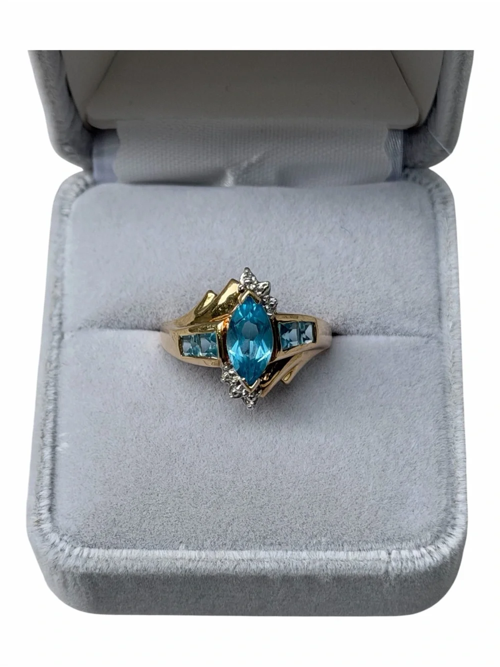 Gold 10K Ring with Marquise Blue Topaz Stone and Diamond Accents Ring Size 7